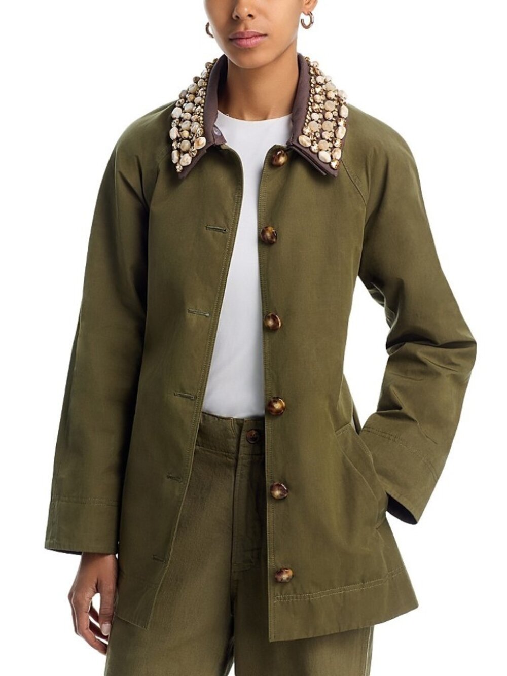 VERONICA BEARD Langham Belted Dickey Bead Crystal Collar Waxed Coat, SMALL Army